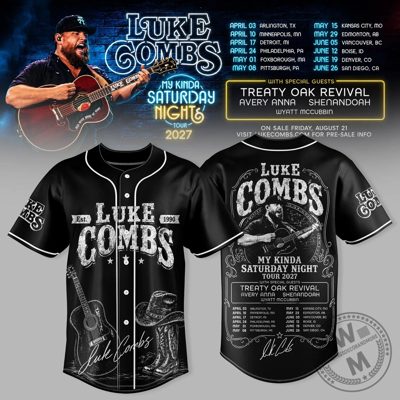 Luke Combs My Kinda Saturday Night Tour 2027 Concert Dates Baseball Jersey
