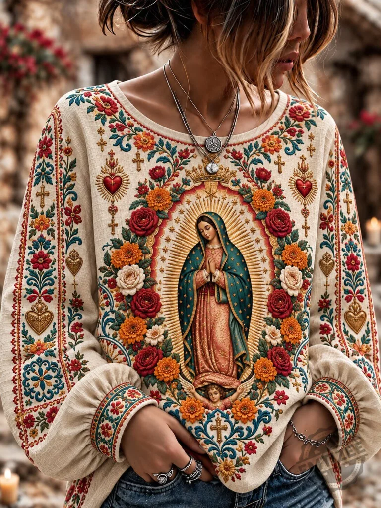 Our Lady of Guadalupe Floral Print Long Sleeve Top for Women