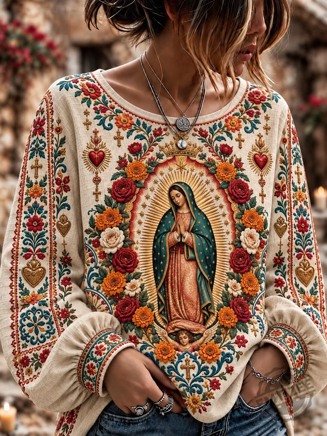 Our Lady of Guadalupe Floral Print Long Sleeve Top for Women