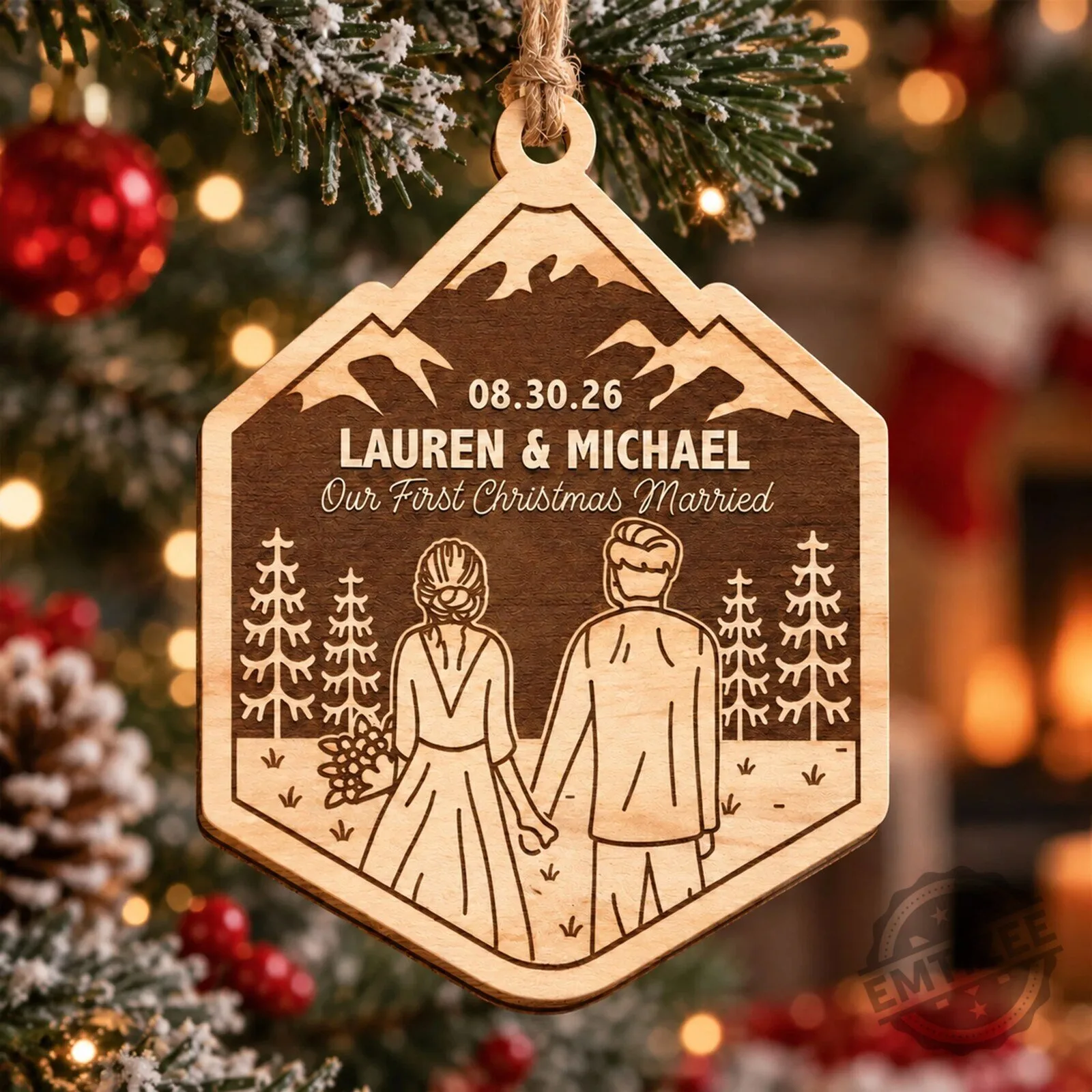 Our First Christmas Married Personalized Wooden Couple Ornament