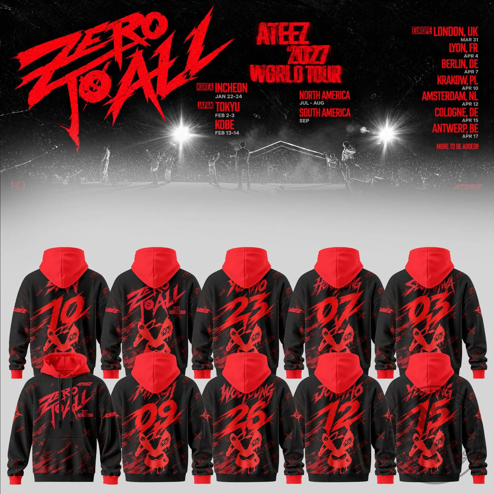 ATEEZ Zero To All 2027 World Tour Concert Schedule Black and Red Hoodie