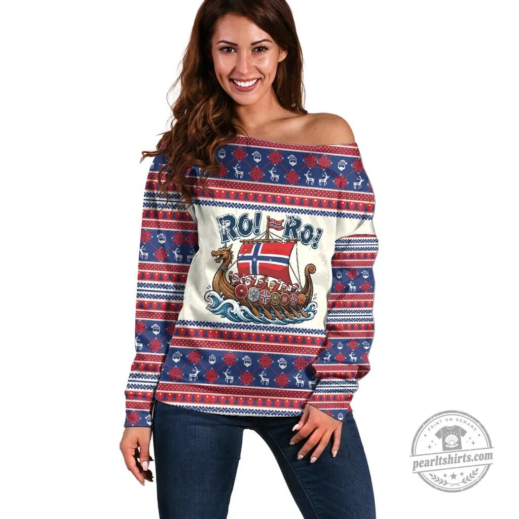 Norge Christmas Ro Ro Viking Santa Claus Off Shoulder Long Sleeve Shirt