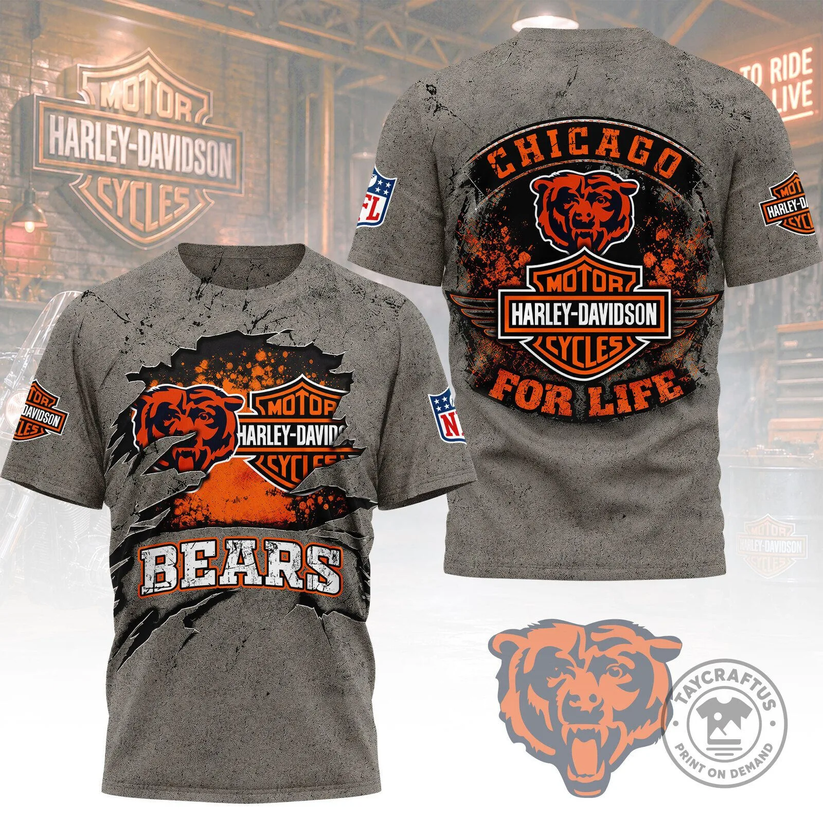 Chicago Bears Harley-Davidson Motorcycle For Life Football Team T-Shirt 1 Chicago Bears Harley-Davidson Motorcycle For Life Football Team T-Shirt