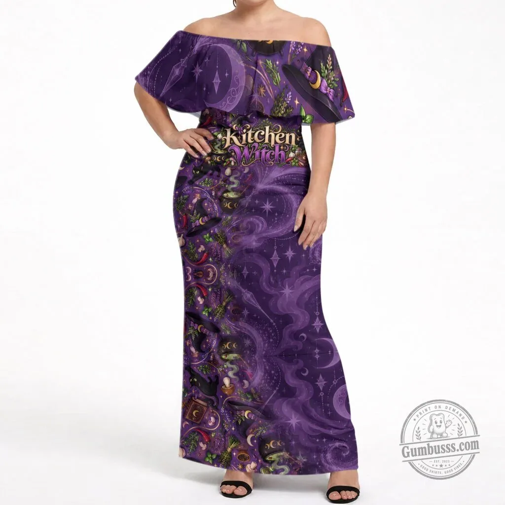 Kitchen Witch Mystical Wiccan Magic Herb Cauldron Black Cat Off Shoulder Maxi Dress