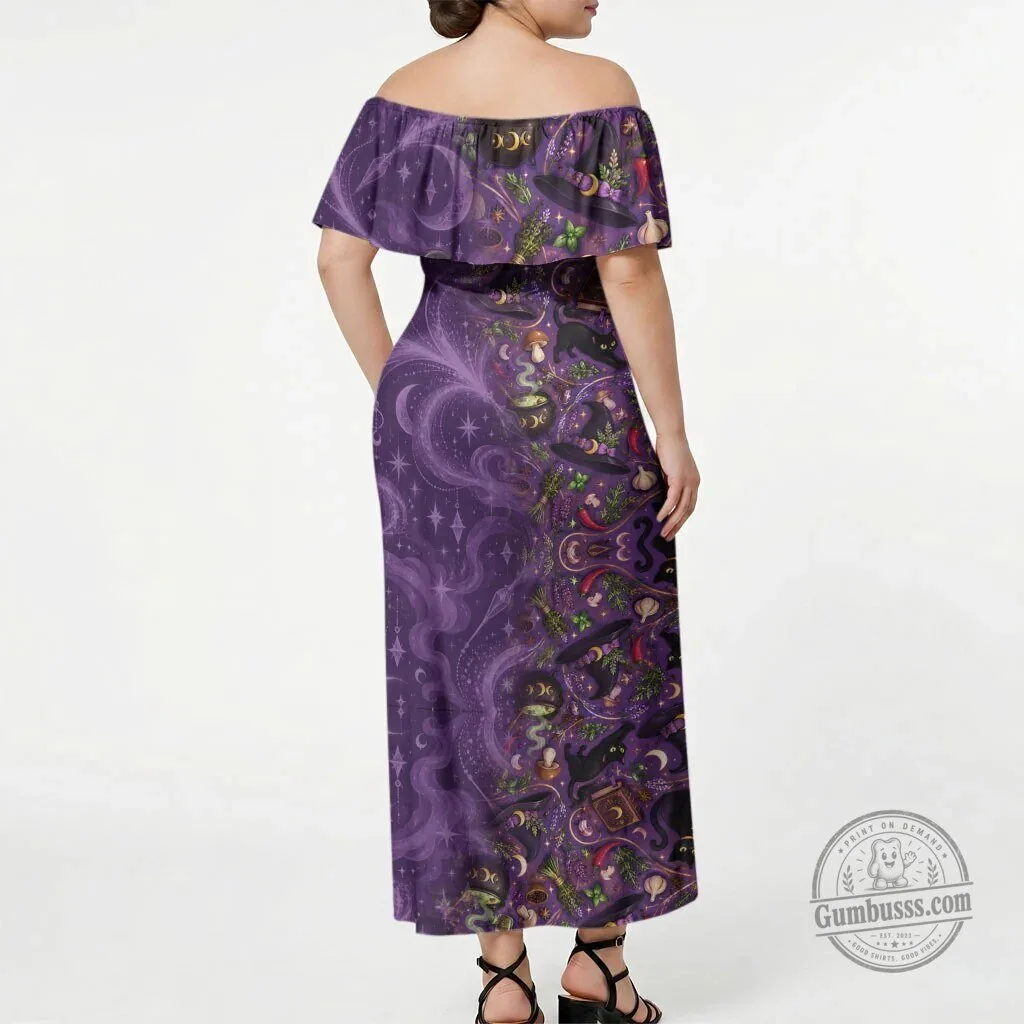 Kitchen Witch Mystical Wiccan Magic Herb Cauldron Black Cat Off Shoulder Maxi Dress 3 Kitchen Witch Mystical Wiccan Magic Herb Cauldron Black Cat Off Shoulder Maxi Dress