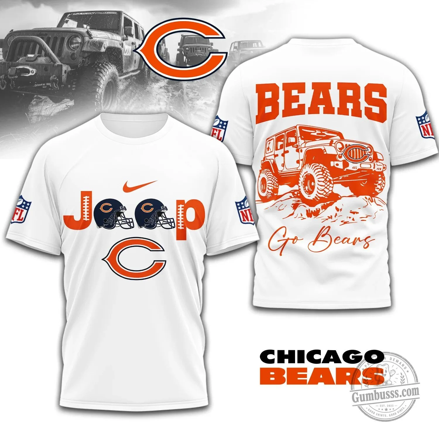 Chicago Bears Jeep Off-Road Adventure Graphic Print Short Sleeve T-Shirt 1 Chicago Bears Jeep Off-Road Adventure Graphic Print Short Sleeve T-Shirt