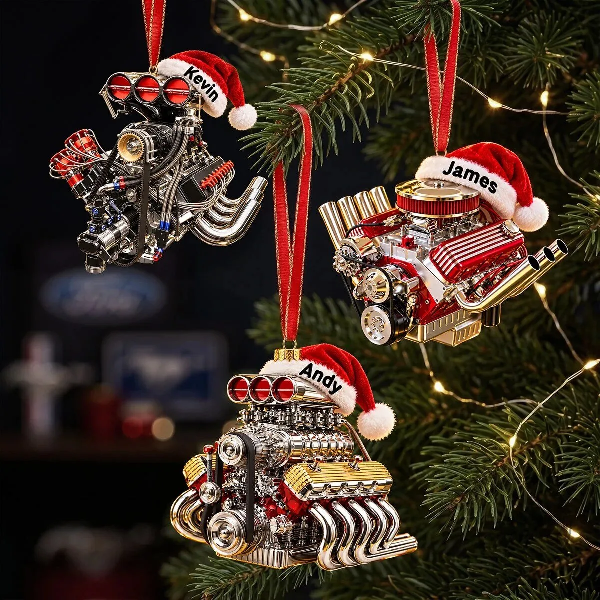 Personalized Drag Racing V8 Engine Christmas Tree Ornament for Racing Fans