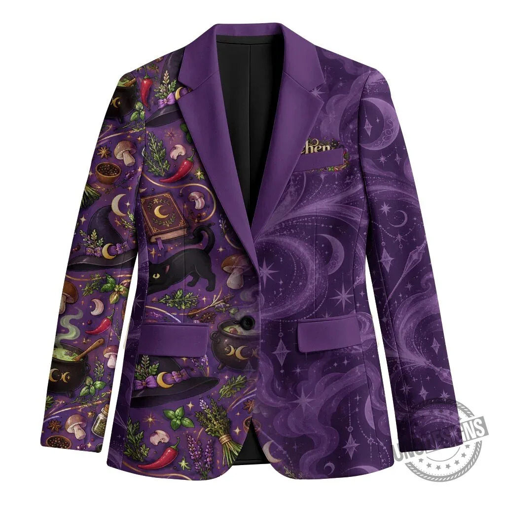 Mystical Kitchen Witch Purple Blazer with Magic Herb Cauldron and Black Cat Design 37 Mystical Kitchen Witch Purple Blazer with Magic Herb Cauldron and Black Cat Design