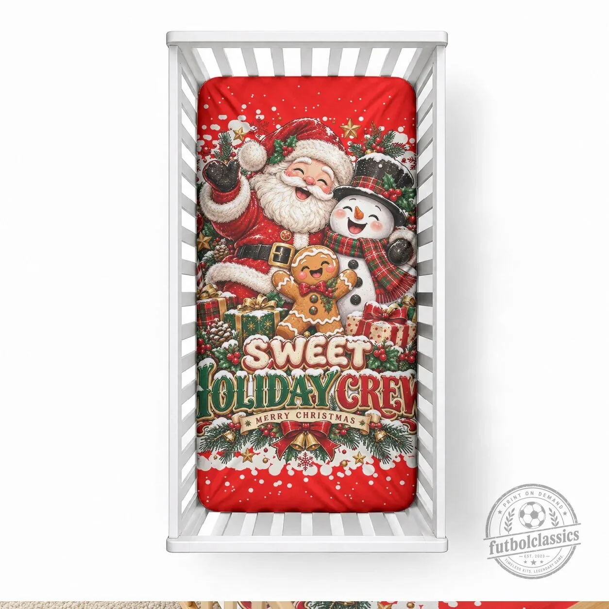 Sweet Holiday Crew Merry Christmas Santa Snowman Gingerbread Baby Bedding Fitted Sheet