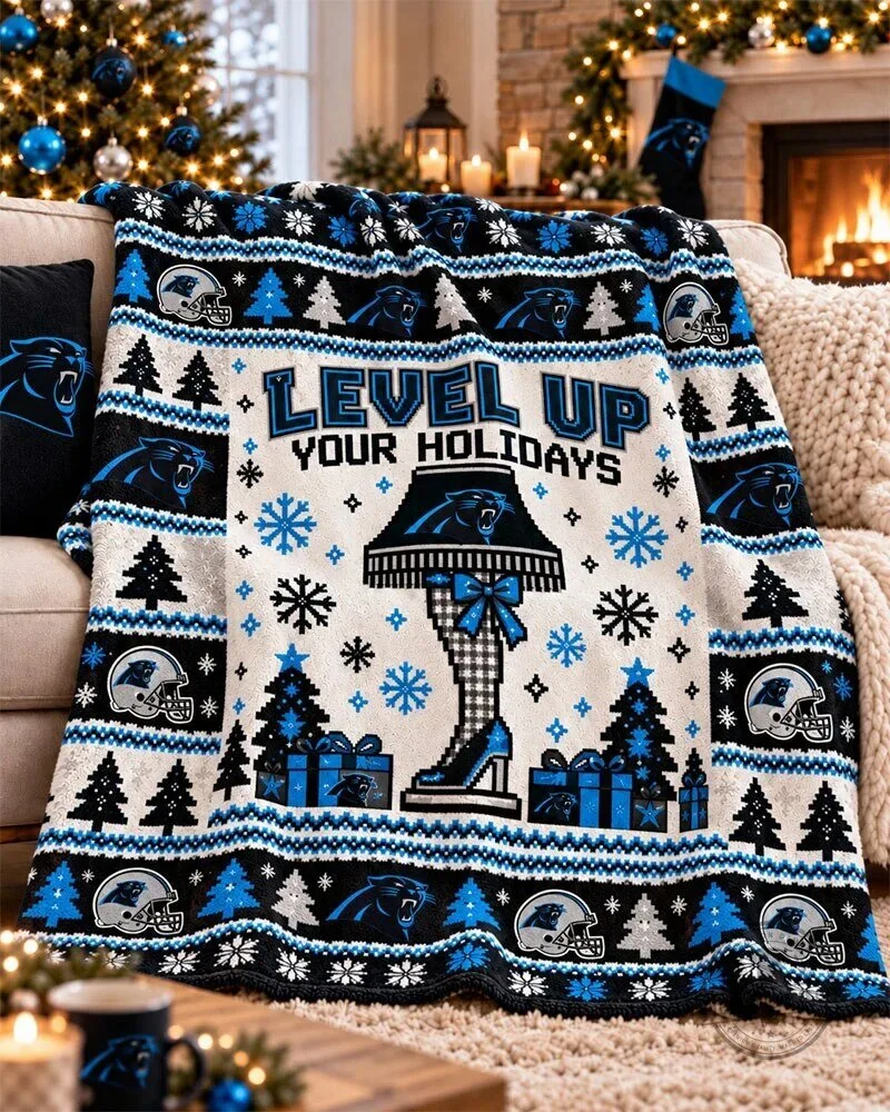 Carolina Panthers Level Up Your Holidays Christmas Flannel Blanket