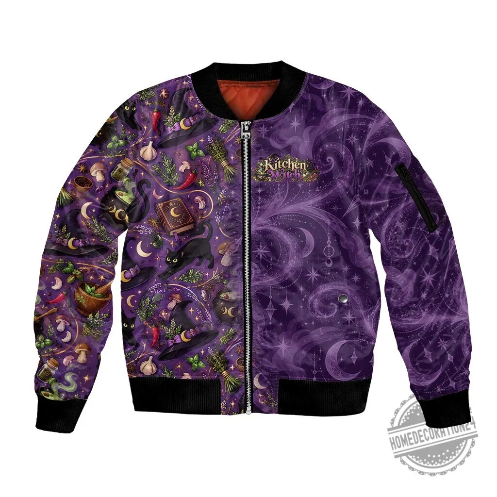 Kitchen Witch Mystical Magic Herb Cauldron Black Cat Bomber Jacket