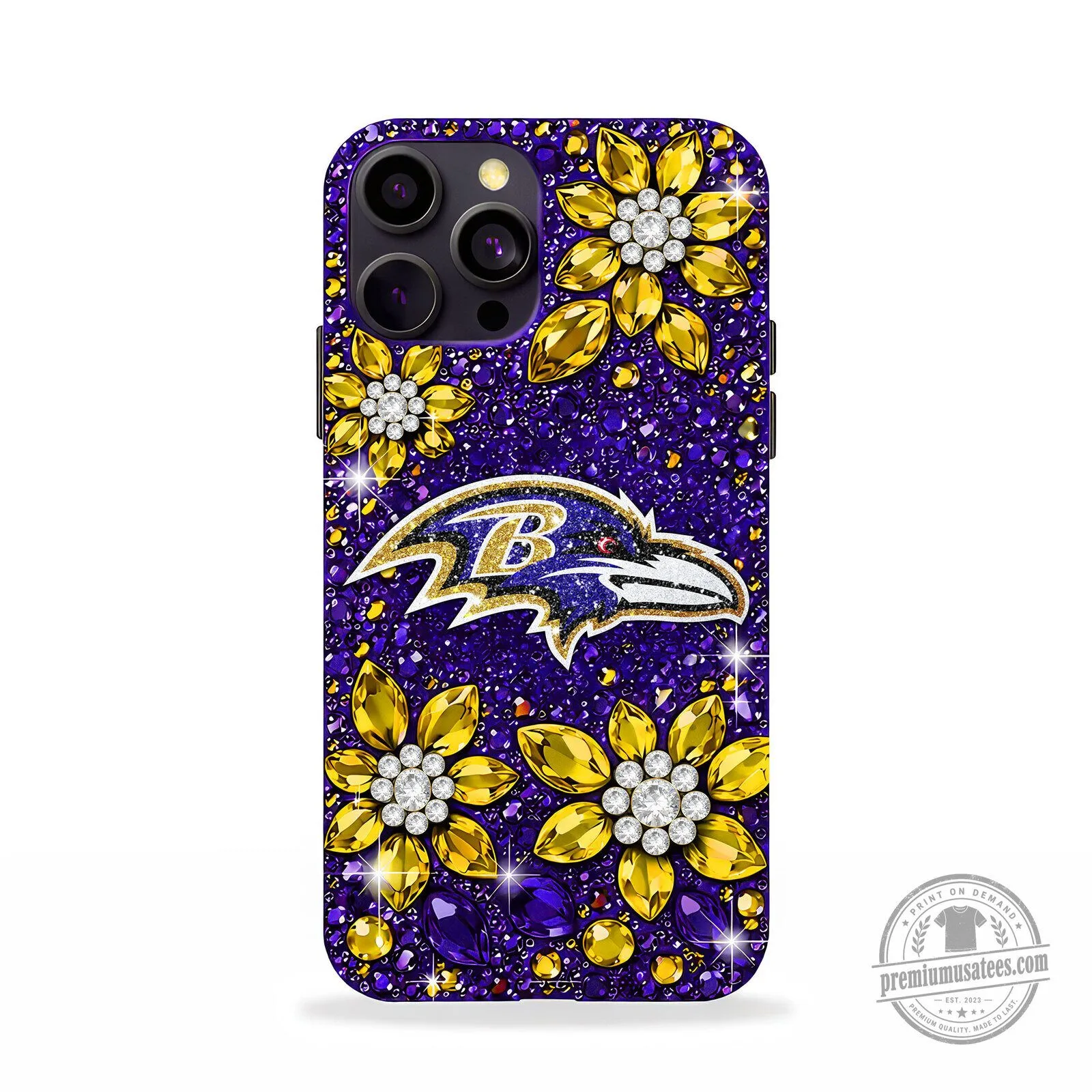 Baltimore Ravens Football Team Sparkle Glitter Phone Case with Gemstone Flowers