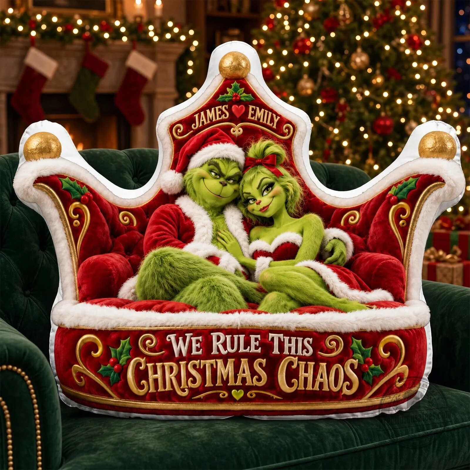 Grinch and Cindy Lou Who Christmas Chaos Personalized Couple Pillow