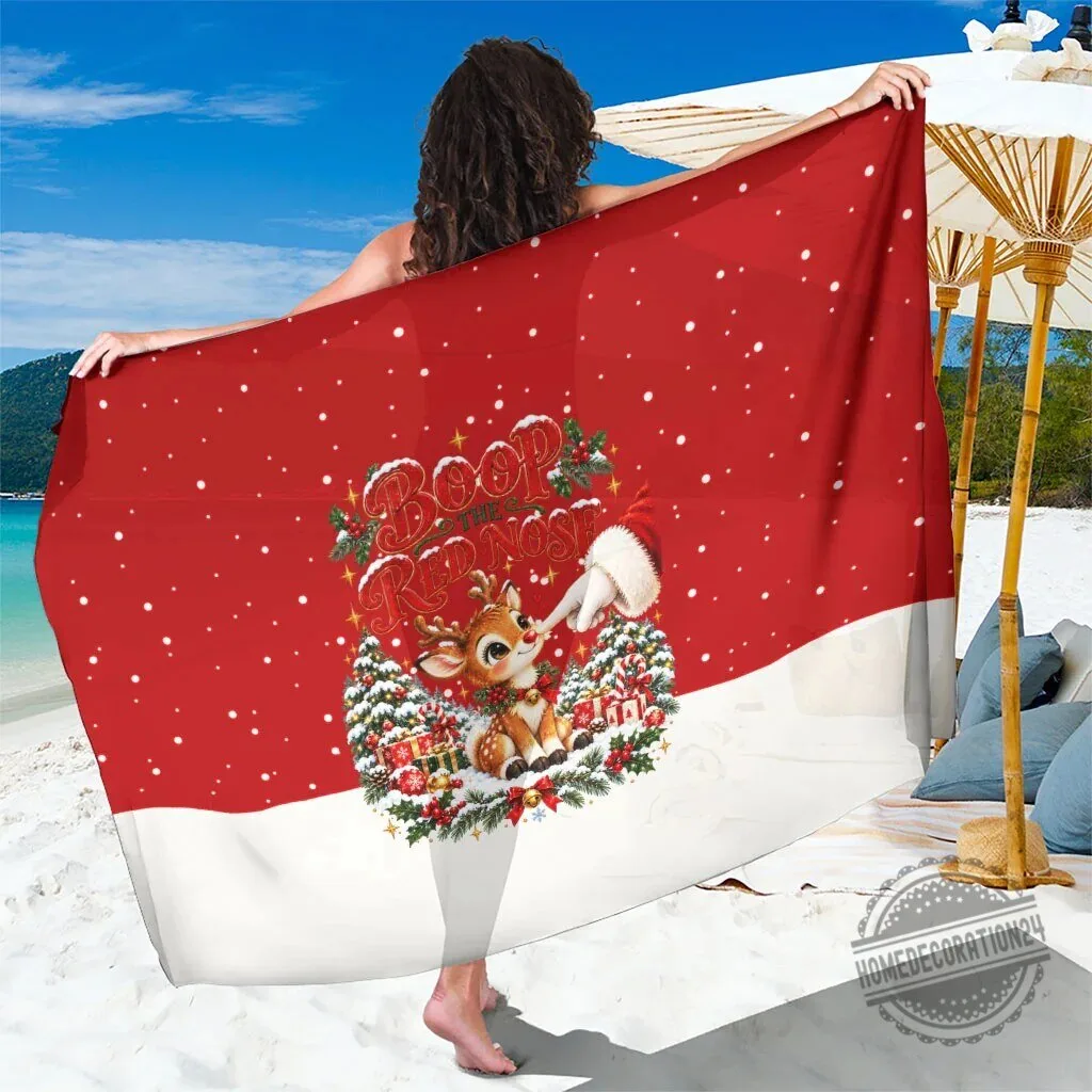 Cute Reindeer Boop The Red Nose Christmas Beach Towel Festive Winter Snow