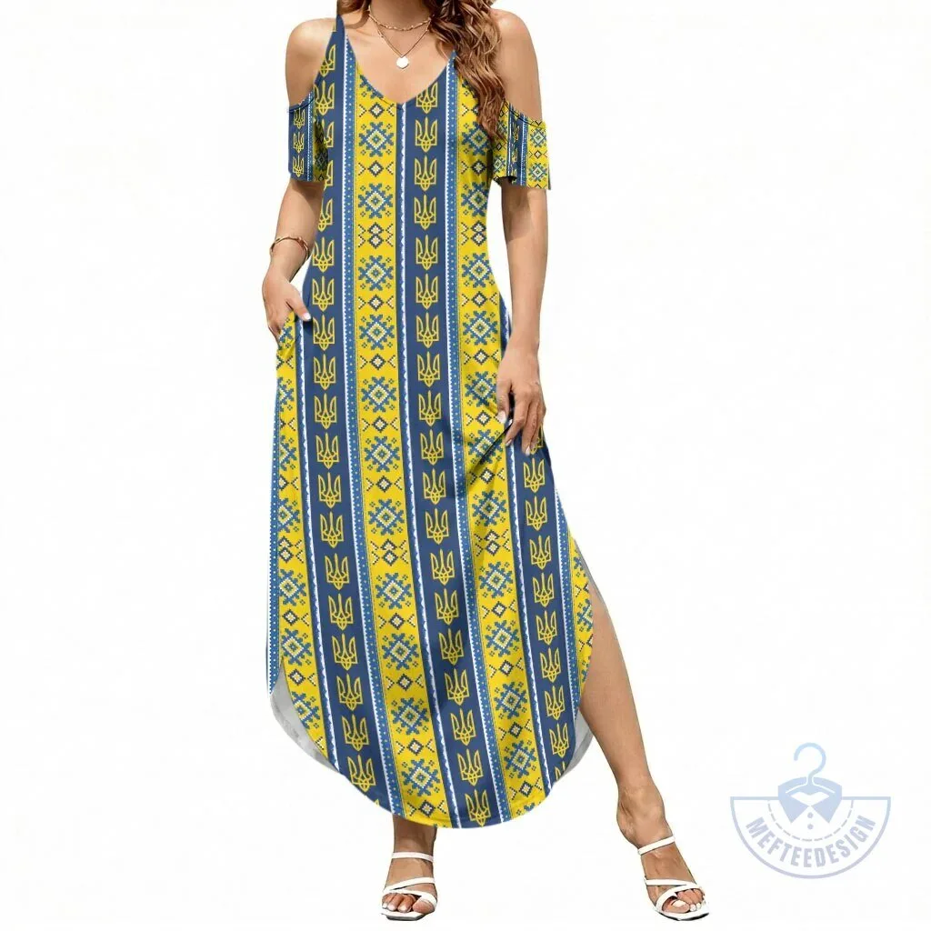 Ukraine Trident Pattern Cold Shoulder Maxi Dress 2 Ukraine Trident Pattern Cold Shoulder Maxi Dress