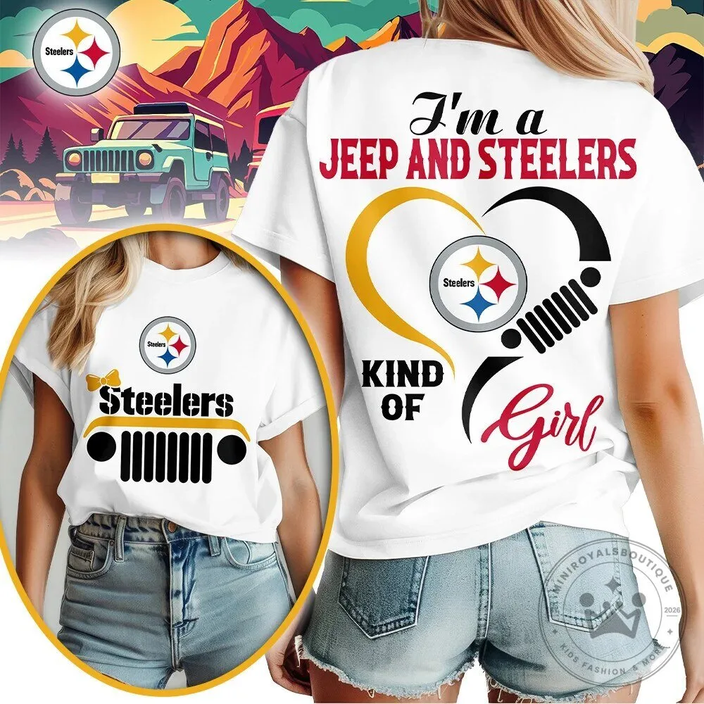 Pittsburgh Steelers Jeep Girl Fan White Graphic T-Shirt for Women