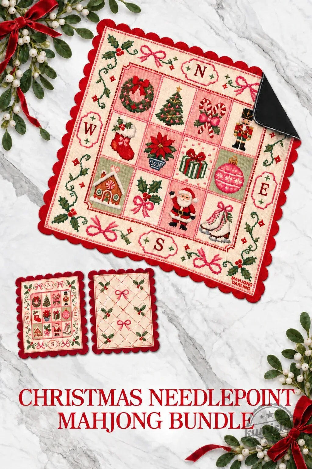 Christmas Needlepoint Mahjong Mat and Coasters Set