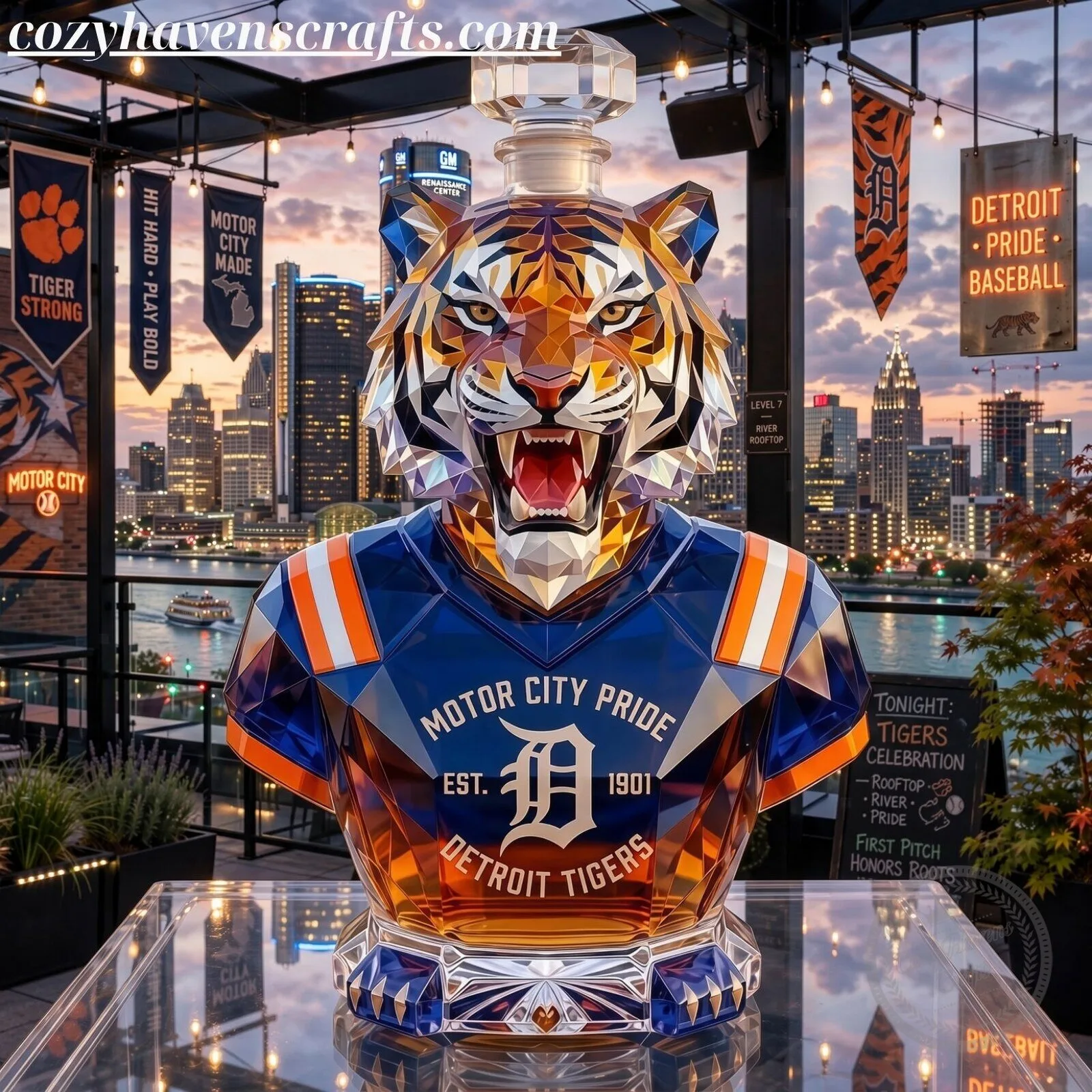 Detroit Tigers Tiger Mascot Glass Whiskey Decanter - MLB Baseball Barware Gift