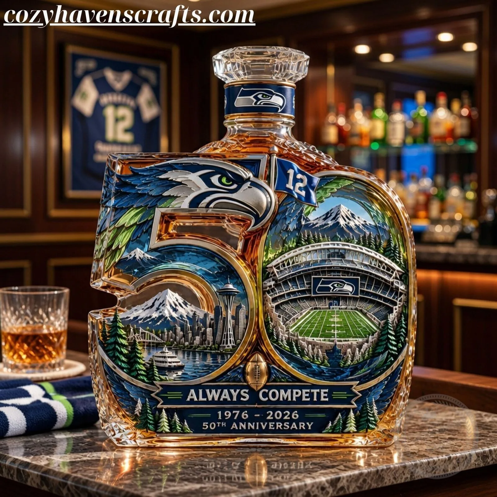 Seattle Seahawks 50th Anniversary Glass Whiskey Decanter - 1976-2026 Commemorative Gift