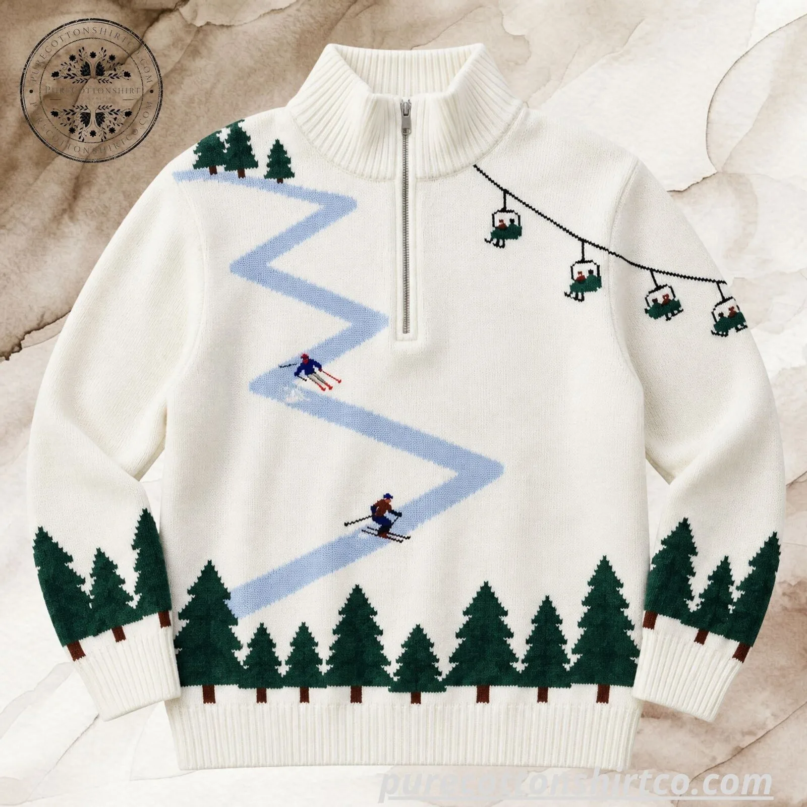 Vintage Ski Resort Half-Zip Knit Sweater - White Winter Skiing Graphic Pullover