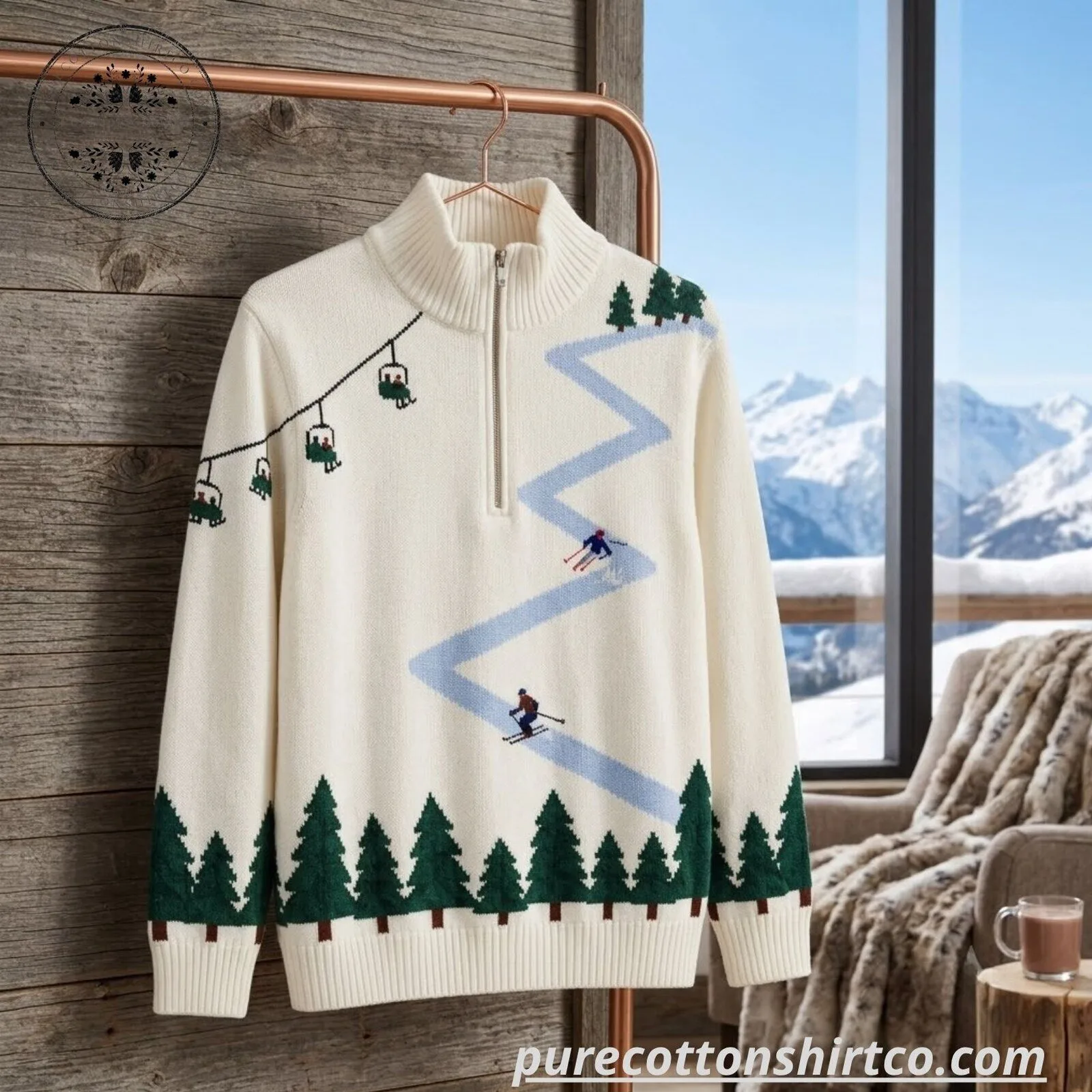Vintage Ski Resort Half-Zip Knit Sweater - White Winter Skiing Graphic Pullover – image 2 of 4