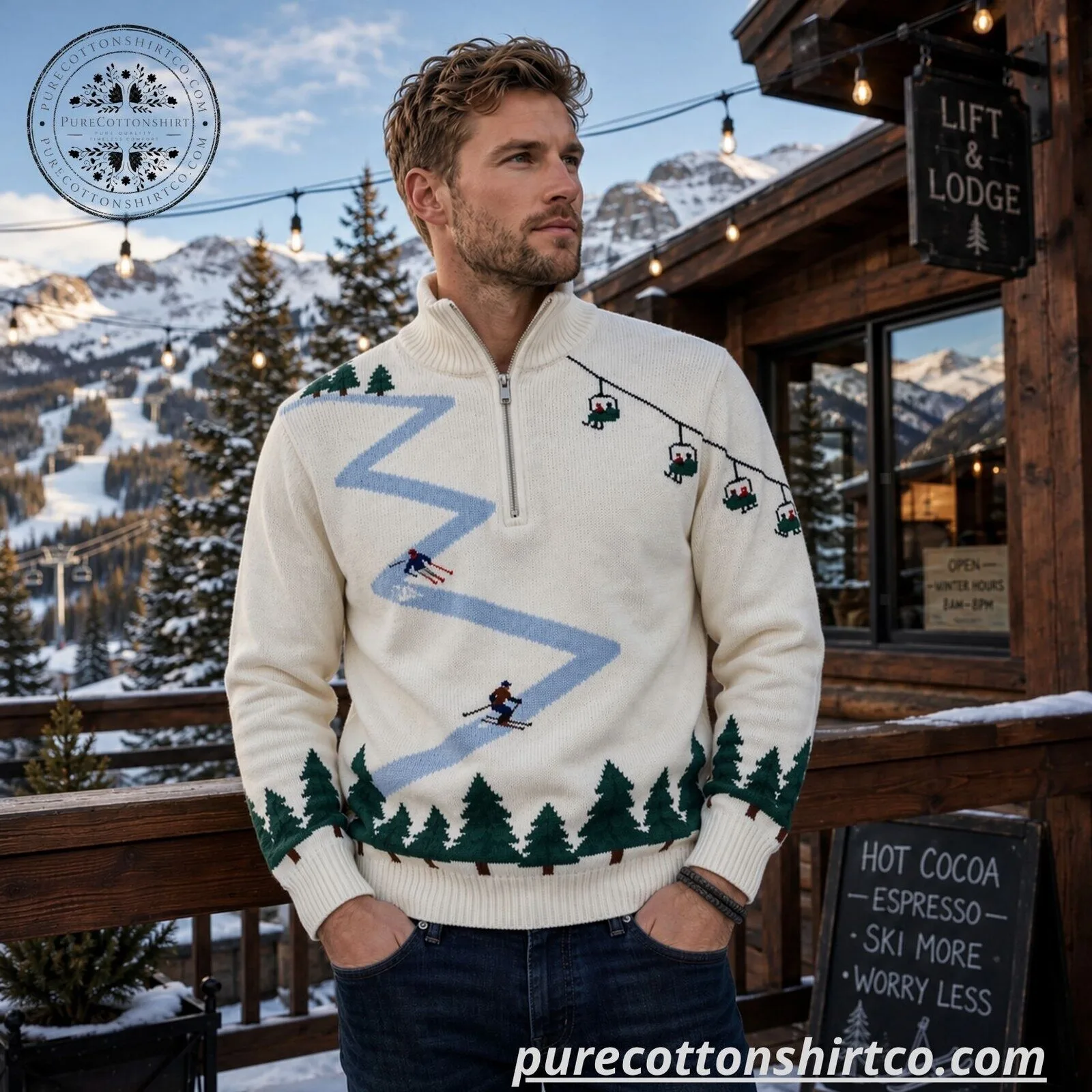 Vintage Ski Resort Half-Zip Knit Sweater - White Winter Skiing Graphic Pullover – image 3 of 4