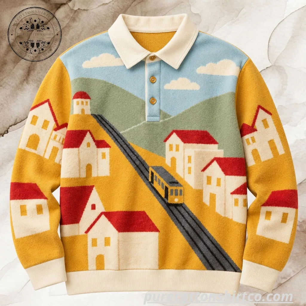 Vintage European Village Cable Car Polo Knit Sweater - Retro Graphic Long Sleeve Jumper Vintage European Village Cable Car Polo Knit Sweater - Retro Graphic Long Sleeve Jumper