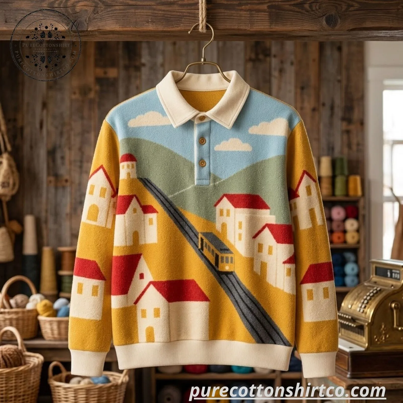 Vintage European Village Cable Car Polo Knit Sweater - Retro Graphic Long Sleeve Jumper 5 Vintage European Village Cable Car Polo Knit Sweater - Retro Graphic Long Sleeve Jumper