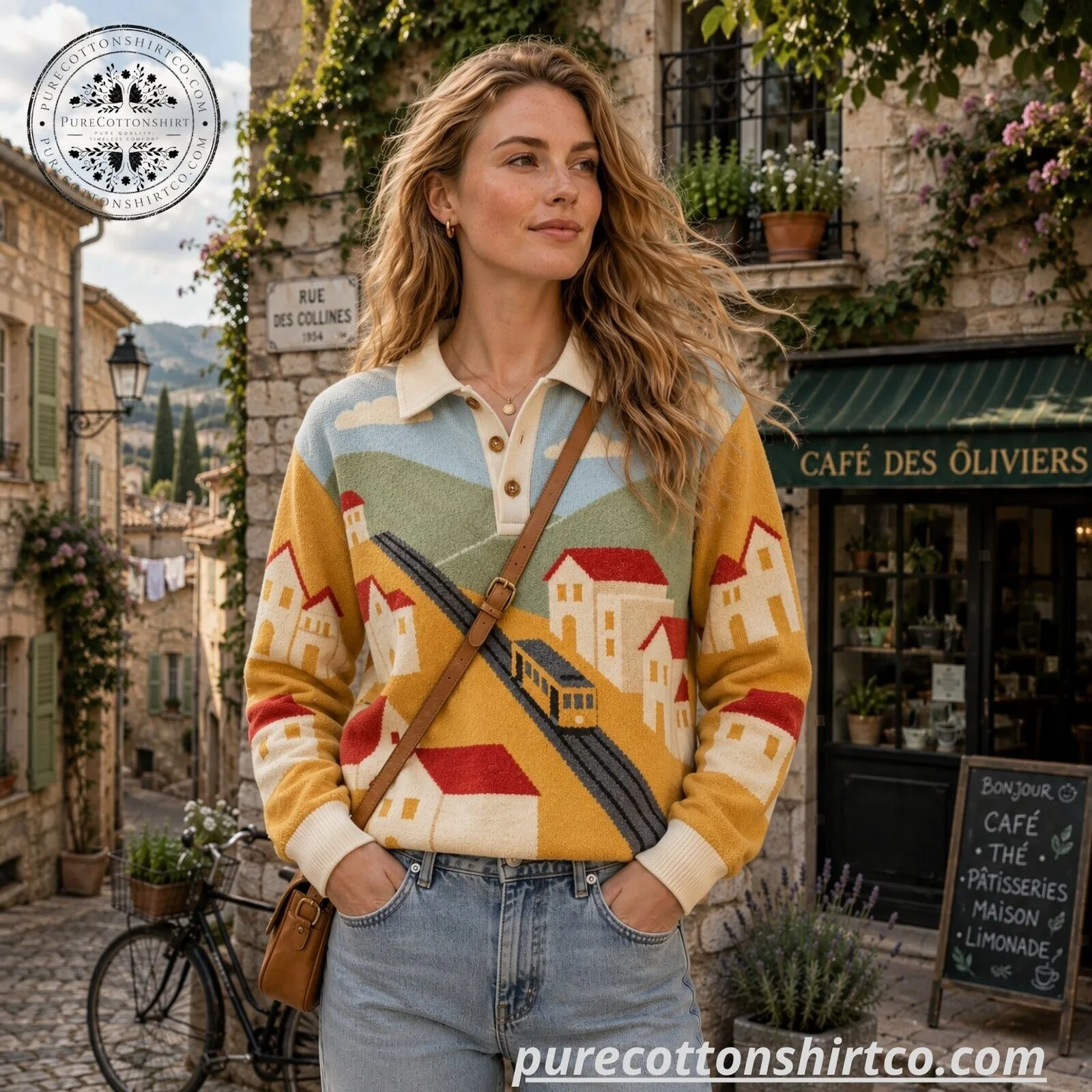Vintage European Village Cable Car Polo Knit Sweater - Retro Graphic Long Sleeve Jumper 6 Vintage European Village Cable Car Polo Knit Sweater - Retro Graphic Long Sleeve Jumper