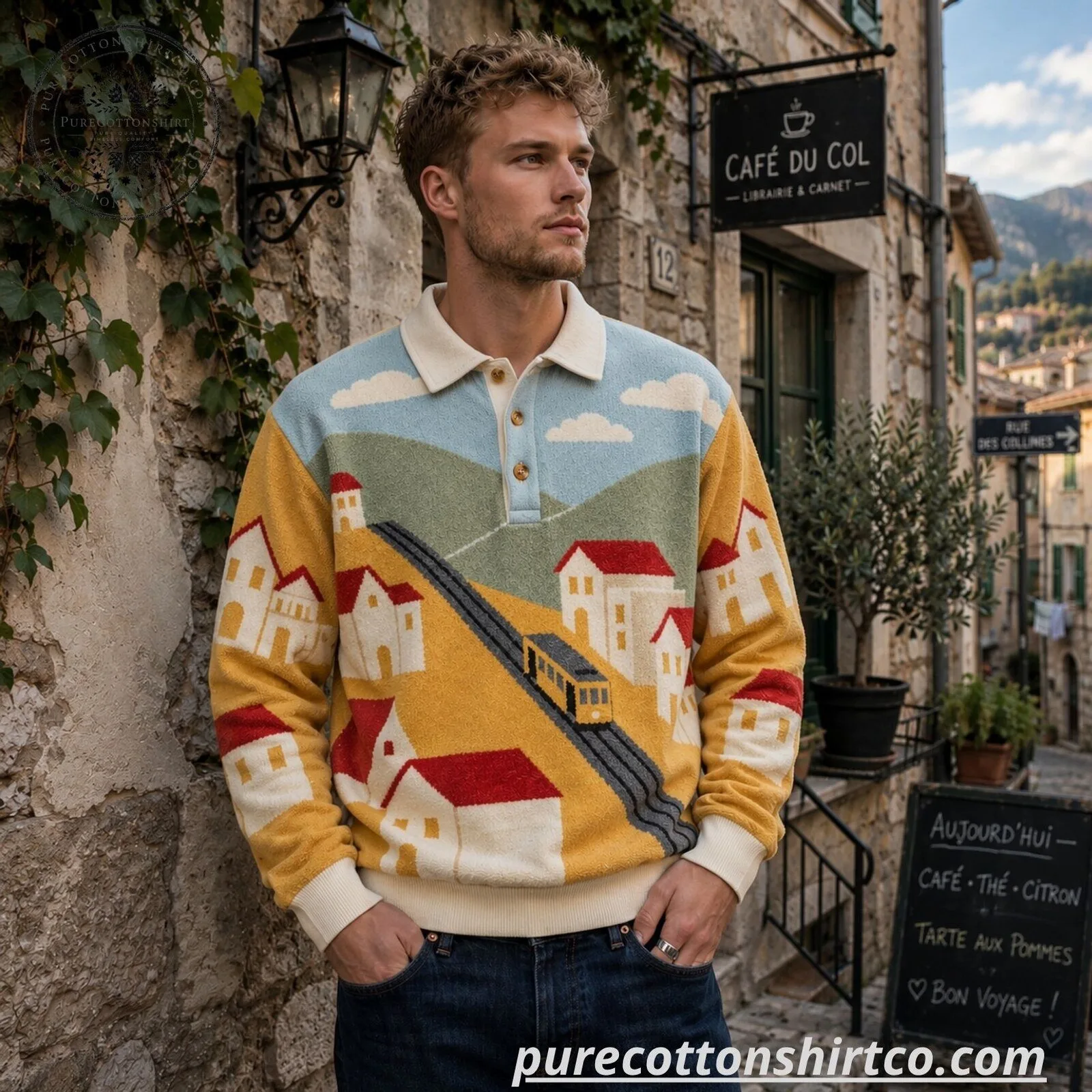 Vintage European Village Cable Car Polo Knit Sweater - Retro Graphic Long Sleeve Jumper 7 Vintage European Village Cable Car Polo Knit Sweater - Retro Graphic Long Sleeve Jumper