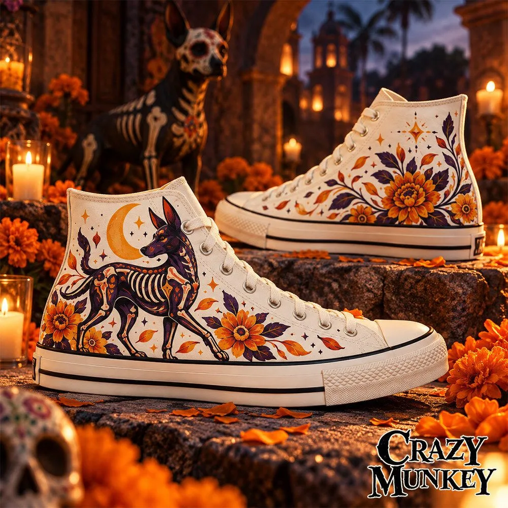 Dia de los Muertos 2026 Xolo Dog White Floral High Top Sneakers | Footwear