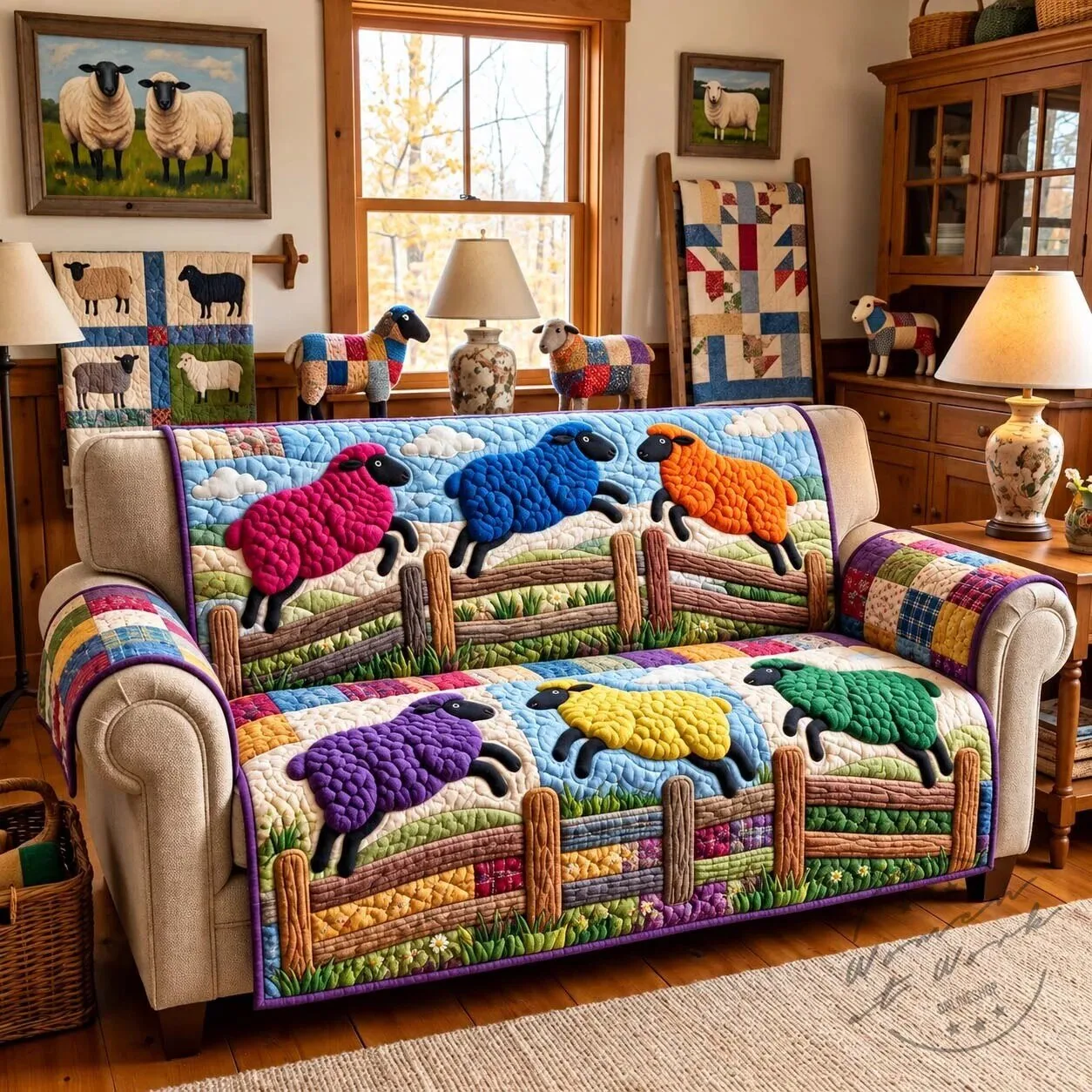 Colorful Sheep Frolic Quilted Sofa Cover for Living Room Decor