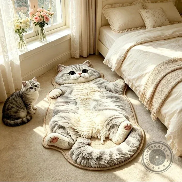 Chubby Tabby Cat Shaped Floor Rug, Cute Kitten Accent Mat for Bedroom Decor