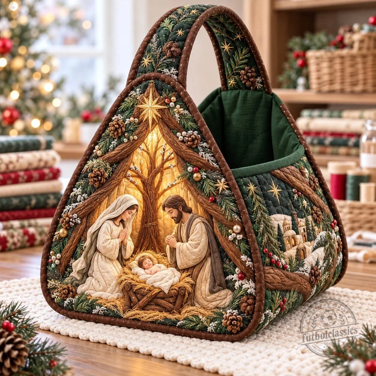 Rustic Woodland Nativity Christmas Quilted Basket