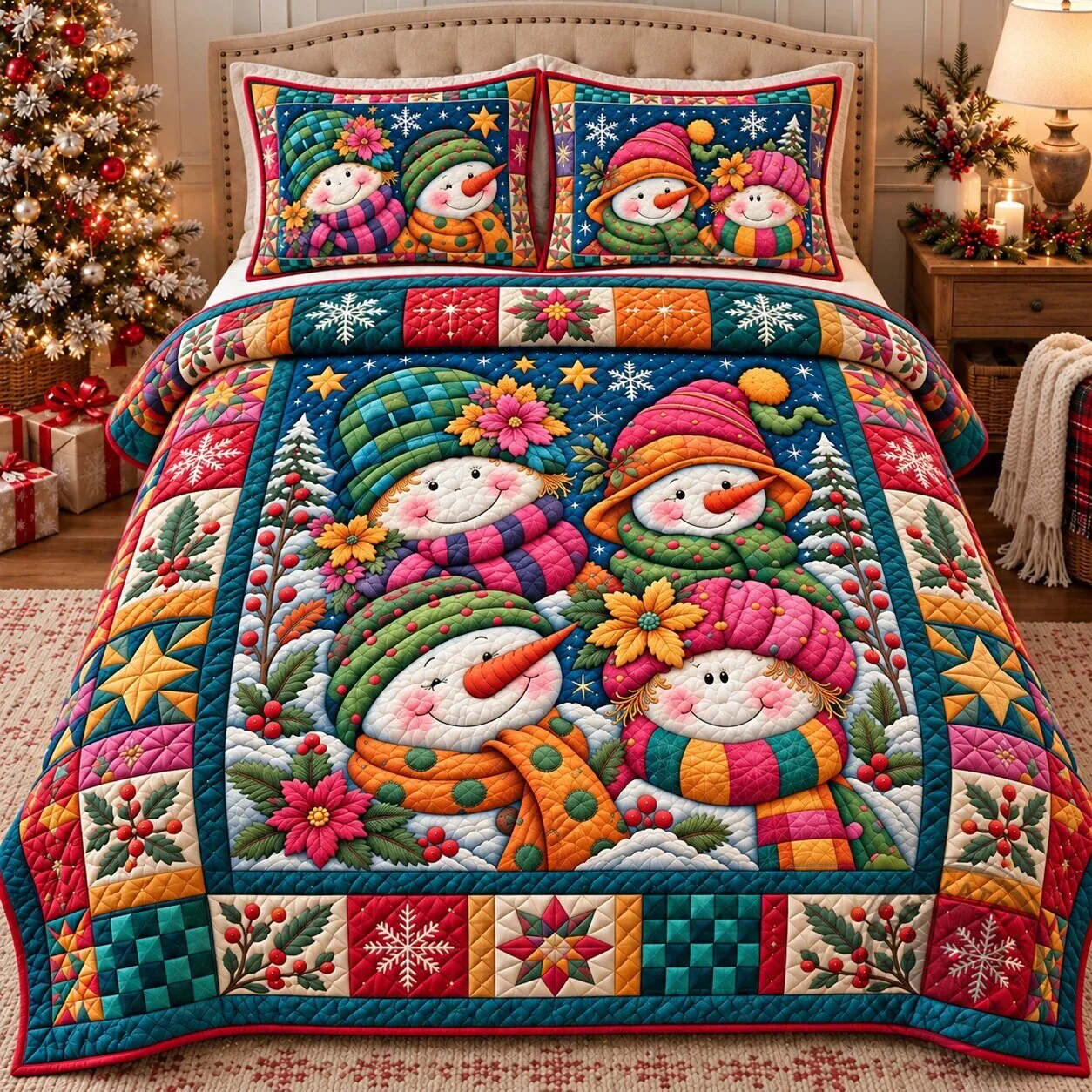 Colorful Snowman Friends Christmas Holiday Quilted Bedding Set with Pillow Shams