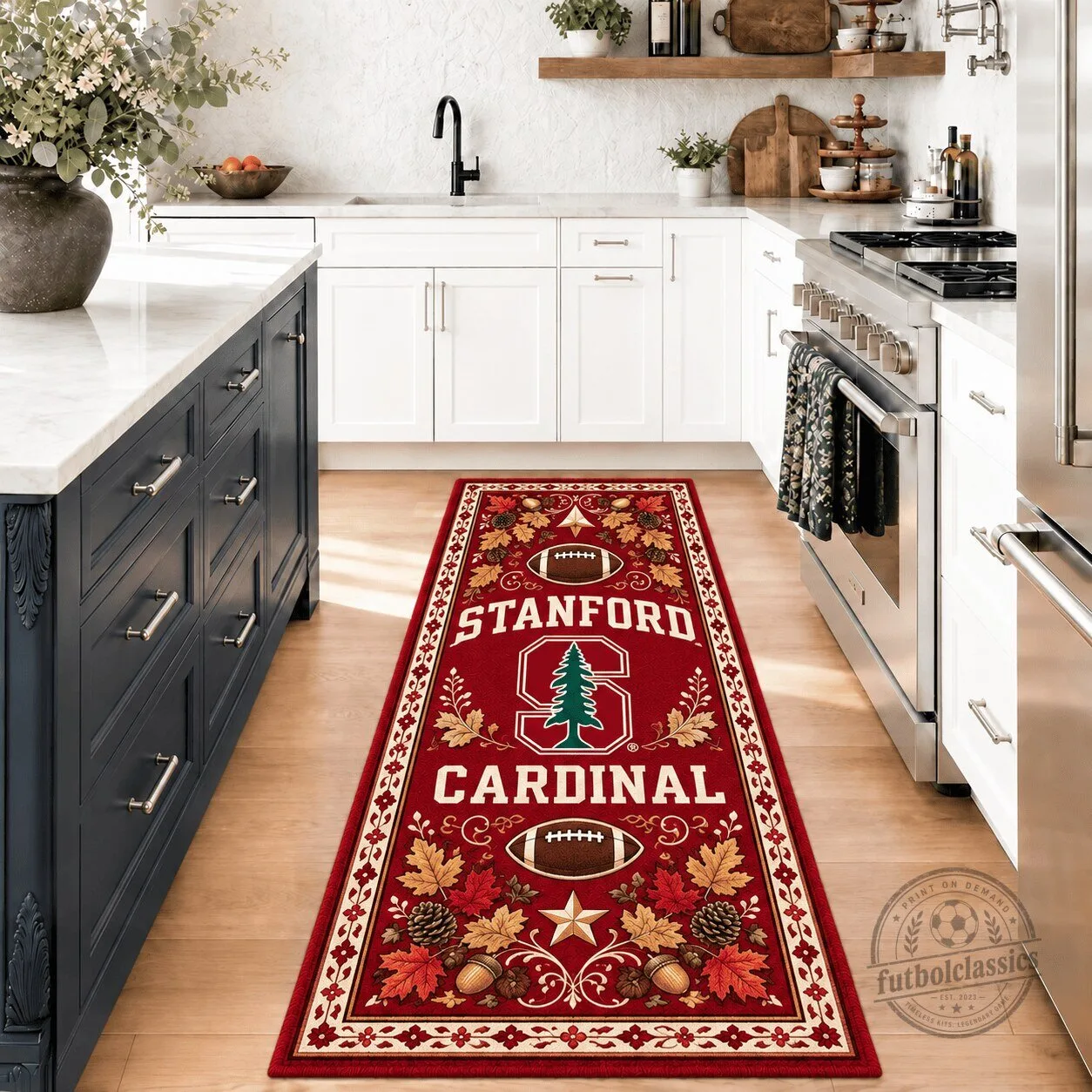 Stanford Cardinal Football Team Kitchen Runner Rug with Autumn Leaves Design