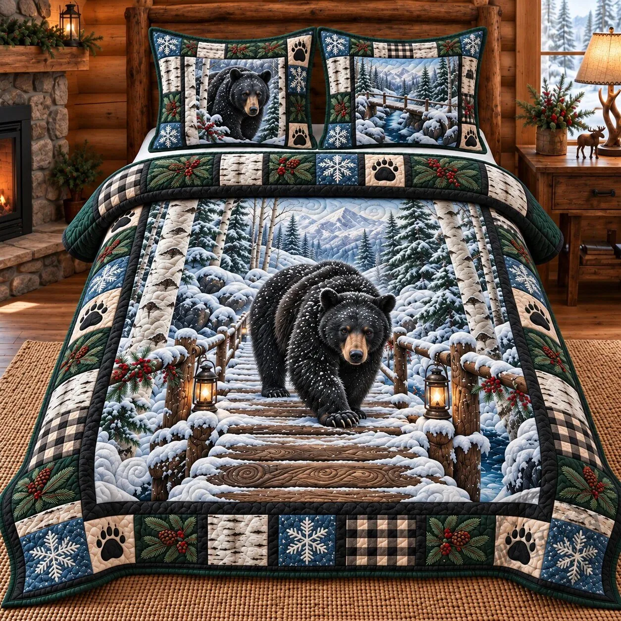 Winter Rustic Guardian Black Bear Forest Quilted Bedding Set