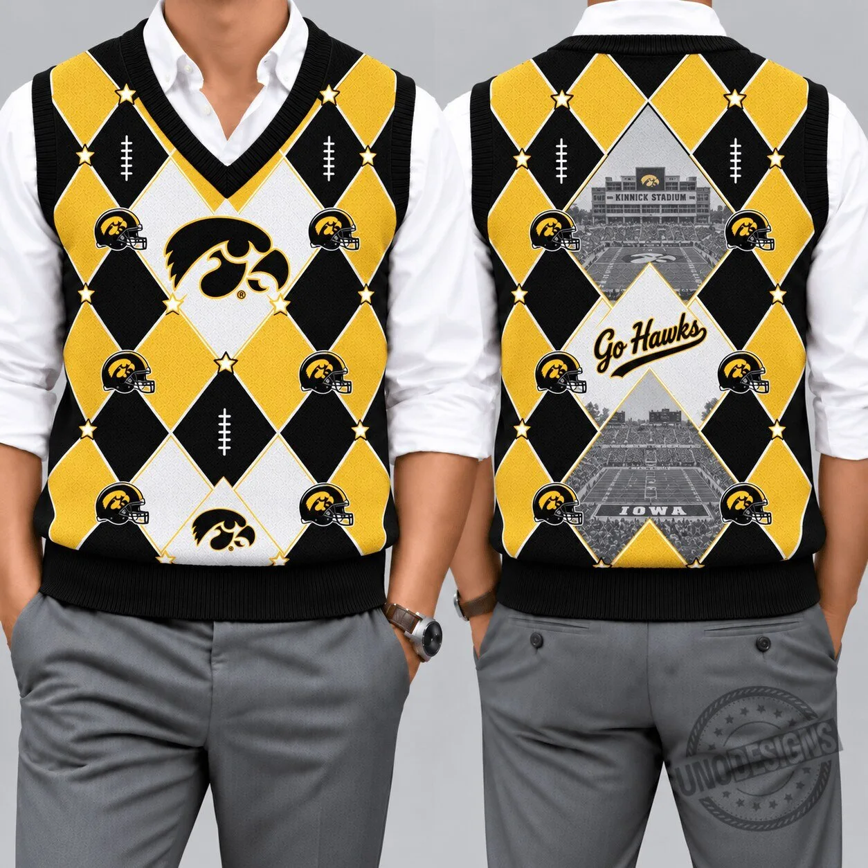 Iowa Hawkeyes Football Team Argyle Pattern V-Neck Sleeveless Knit Vest