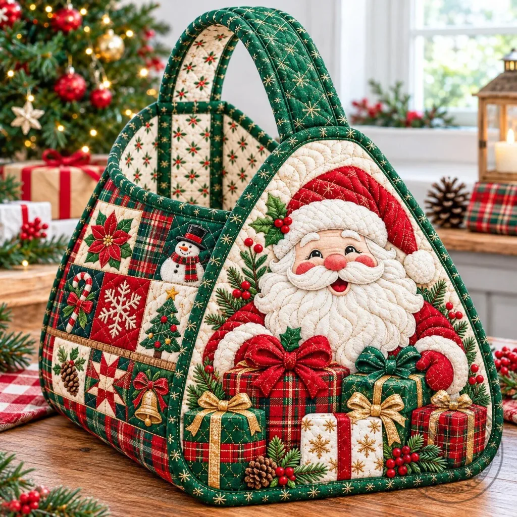 Santa Claus Christmas Quilted Basket with Poinsettia and Snowflake Pattern Santa Claus Christmas Quilted Basket with Poinsettia and Snowflake Pattern