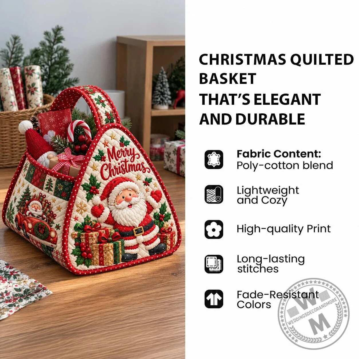 Santa Claus Christmas Quilted Basket with Poinsettia and Snowflake Pattern 6 Santa Claus Christmas Quilted Basket with Poinsettia and Snowflake Pattern