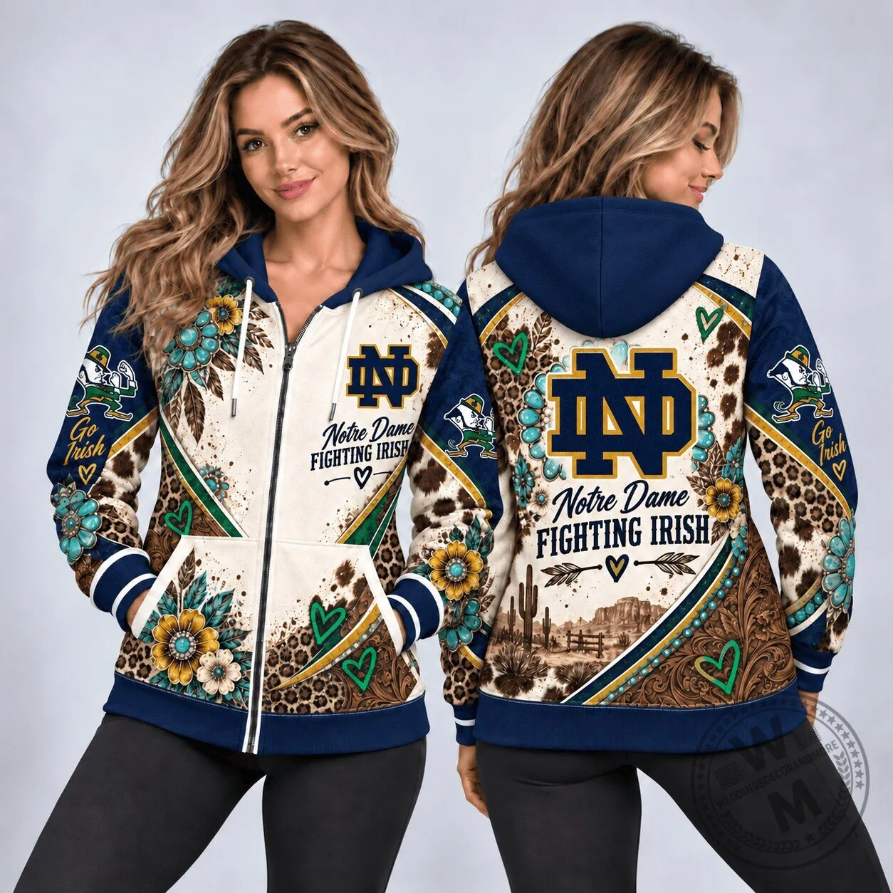 Notre Dame Fighting Irish Western Boho Floral Leopard Print Full Zip Hoodie