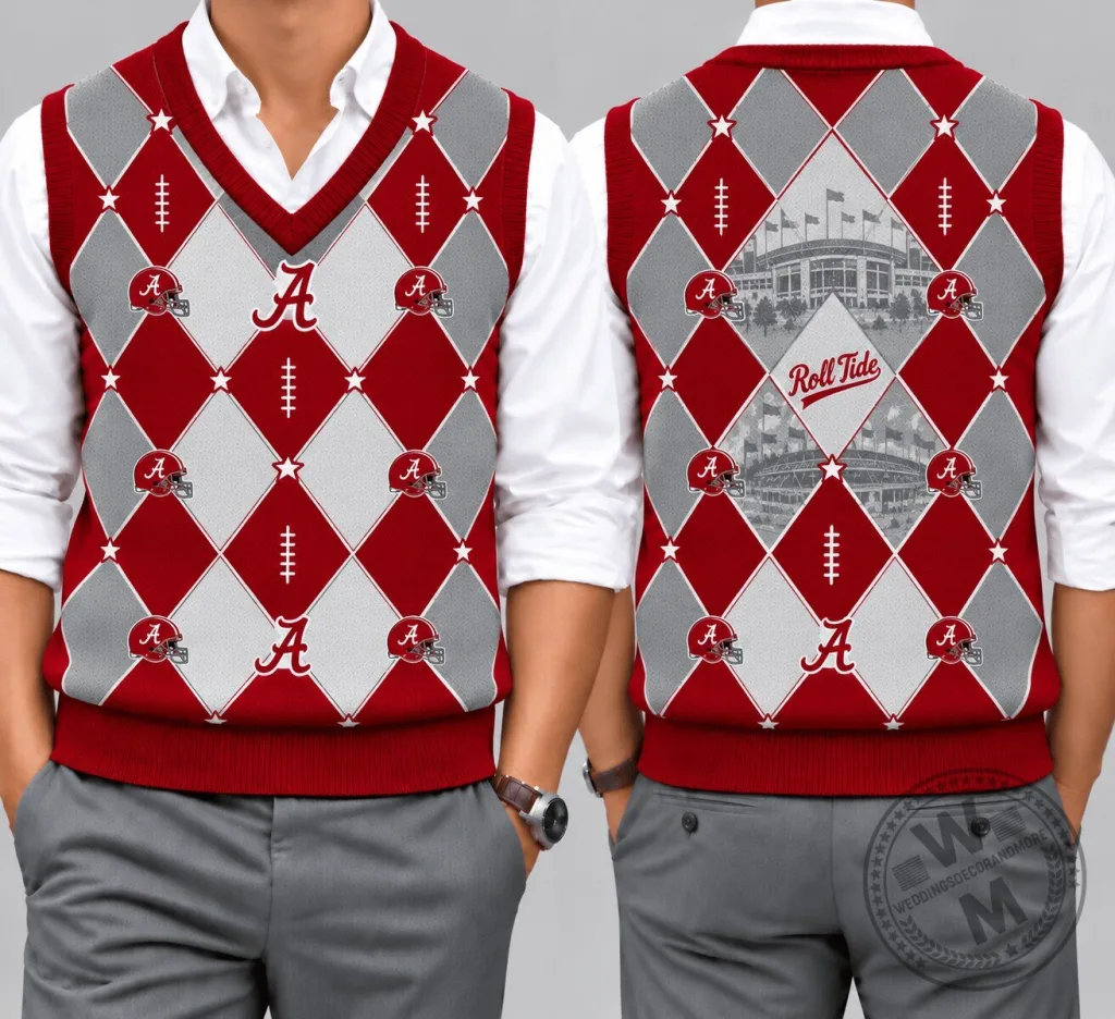 Alabama Crimson Tide Football Team Argyle Pattern V-Neck Sleeveless Knit Vest Alabama Crimson Tide Football Team Argyle Pattern V-Neck Sleeveless Knit Vest