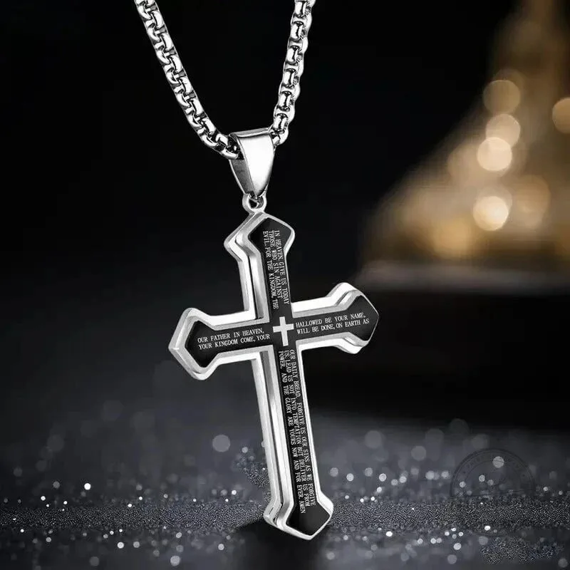 Lord's Prayer Cross Pendant Necklace for Men, Stainless Steel Christian Jewelry