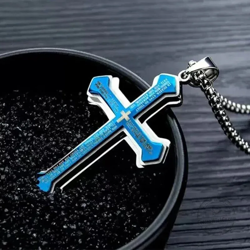 Lord's Prayer Cross Pendant Necklace for Men, Stainless Steel Christian Jewelry 13 Lord