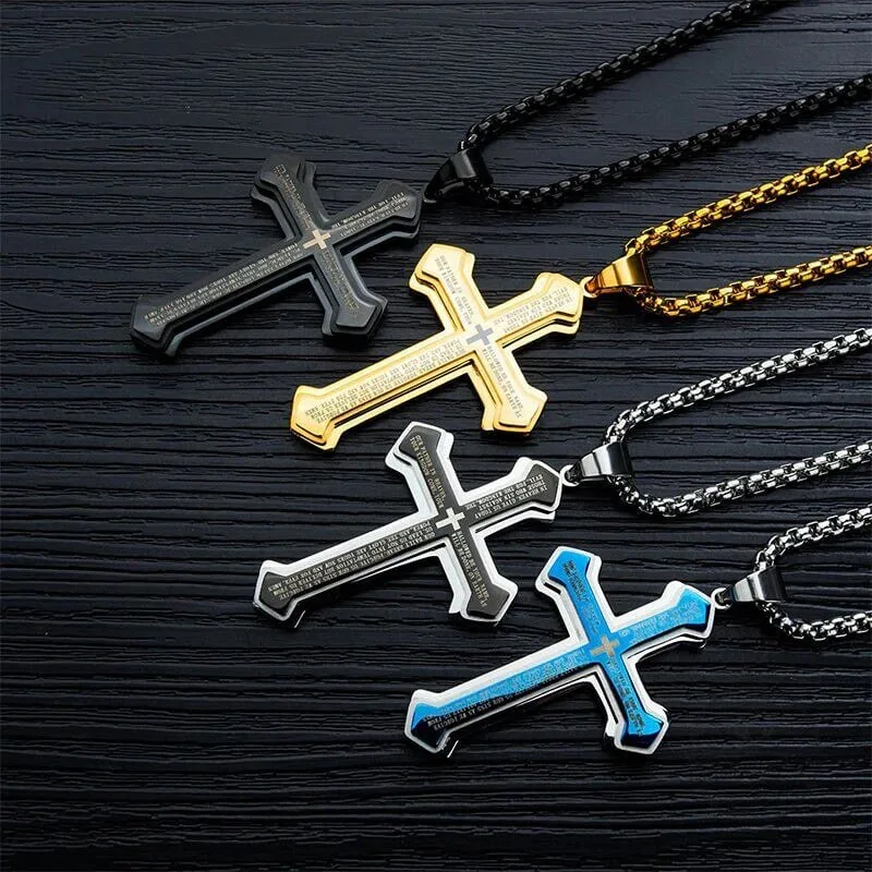 Lord's Prayer Cross Pendant Necklace for Men, Stainless Steel Christian Jewelry 14 Lord