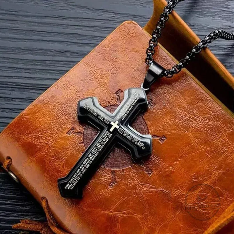 Lord's Prayer Cross Pendant Necklace for Men, Stainless Steel Christian Jewelry 15 Lord