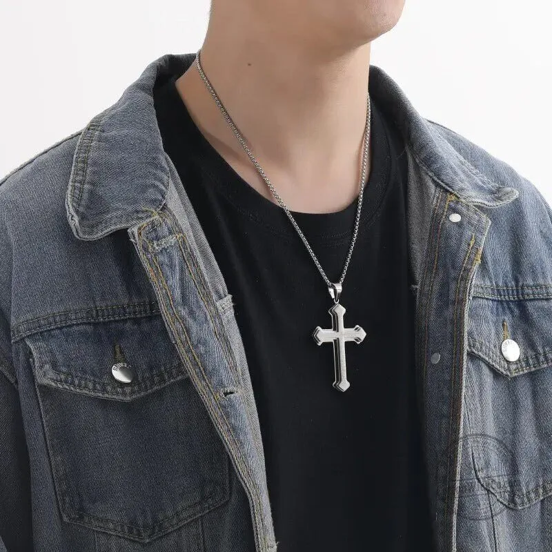 Lord's Prayer Cross Pendant Necklace for Men, Stainless Steel Christian Jewelry 16 Lord