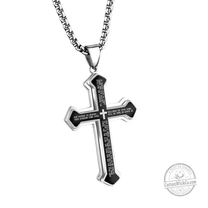 Lord's Prayer Cross Pendant Necklace for Men, Stainless Steel Christian Jewelry 19 Lord