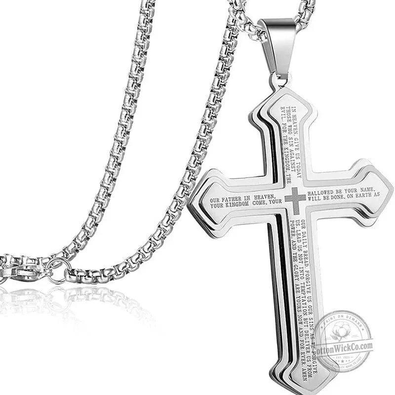 Lord's Prayer Cross Pendant Necklace for Men, Stainless Steel Christian Jewelry 20 Lord