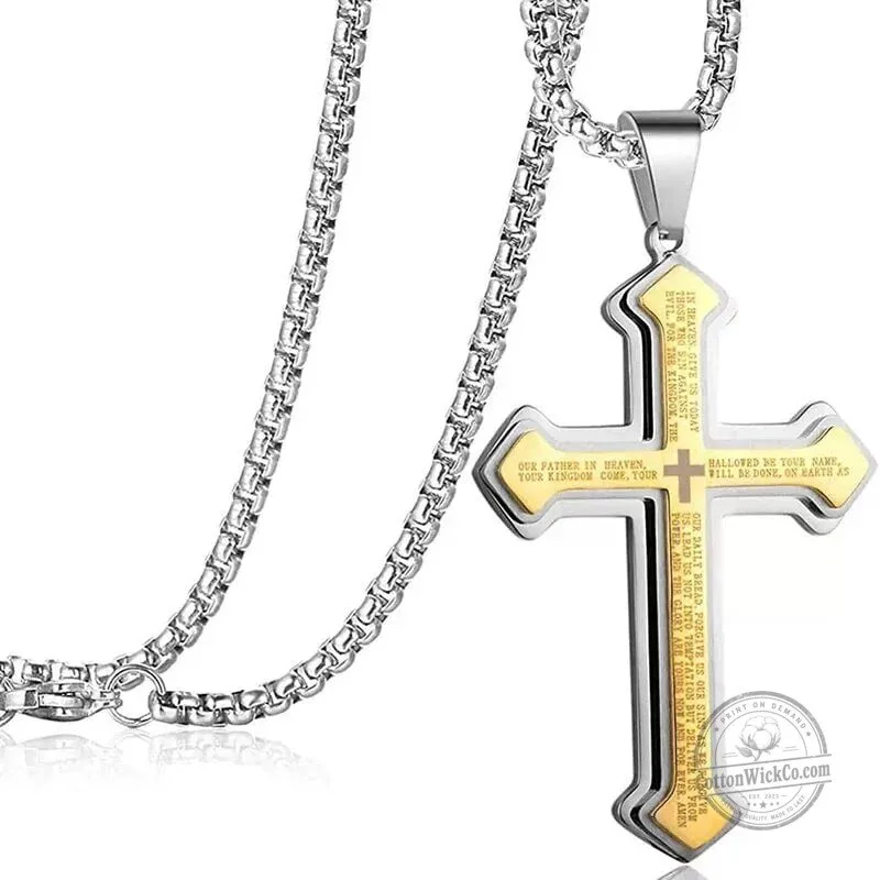 Lord's Prayer Cross Pendant Necklace for Men, Stainless Steel Christian Jewelry 21 Lord